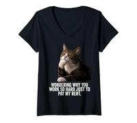 Mujer Funny Thinking Cat - Work Hard and Pay My Rent Camiseta Cuello V