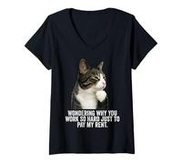 Mujer Funny Thinking Cat - Work Hard and Pay My Rent Camiseta Cuello V