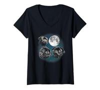 Mujer Funny Three 3 Moon Howling Black Pug Dog Dog Lover Camiseta Cuello V