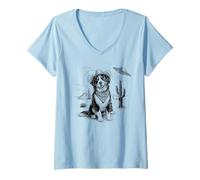 Mujer Funny UFO Bernese Mountain Dog Alien Vintage 90s Wild West Camiseta Cuello V