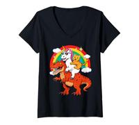Mujer Funny Unicorn Cat Riding Dinosaur T-Rex Rainbow Space Galaxy Camiseta Cuello V