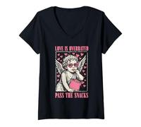 Mujer Funny Valentines Cupido Love Is Overrated Pass The Snacks Camiseta Cuello V