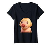 Mujer Funny Viral Pig with a Bob Haircut Blond Hair Pig Meme Wig Camiseta Cuello V