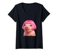 Mujer Funny Viral Pig with a Bob Haircut Pink Hair Pig Meme Wig Camiseta Cuello V