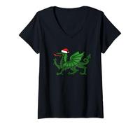 Mujer Funny Welsh Dragon Christmas Welsh Xmas Santa Hat Gales Camiseta Cuello V