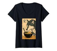 Mujer Funny Wolf Ramen Graphic Tee Arte japonés Kawaii Anime Wolf Camiseta Cuello V