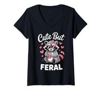 Mujer Funny Women Cute but Feral Girl Summer Raccoon Camiseta Cuello V