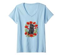 Mujer Funny Womens Girls Red Poppy Flower Floral Black Pug Lover Camiseta Cuello V