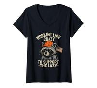 Mujer Funny Working Like Crazy To Support The Lazy US Flag Raccoon Camiseta Cuello V