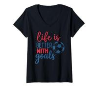 Mujer Fútbol Cita Fan Life is Better with Goals Soccer Boys Girl Camiseta Cuello V
