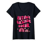 Mujer Futur Grande Sœur ARC-En-Ciel Rose Famille Enfant Camiseta Cuello V