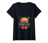 Mujer Futurista Fuji montaña en Japón con Tokio Torre Fujiyama Camiseta Cuello V