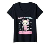 Mujer Futuro K-Pop Star Lindo Anime Cat Kawaii Chibi Cantando Ídolo Camiseta Cuello V