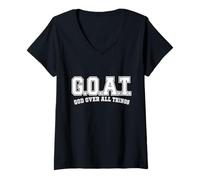 Mujer G.O.A.T Dios sobre Todas Las Cosas Cita de fe Cristiana Camiseta Cuello V