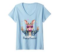 Mujer Gafas de chicle con forma de conejo de pascua Happy Easter Rabbit 2025, signo de la paz Camiseta Cuello V