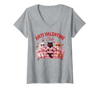Mujer Gafas de corazón Anti Valentine Club con diseño de Gatos Camiseta Cuello V