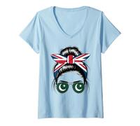 Mujer Gafas de sol británicas paquistaníes con diadema de bandera de Pakistán Camiseta Cuello V