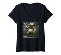 Mujer Gafas de sol con diseño de perro pug y música rock, divertidas, retro, cuernos Camiseta Cuello V