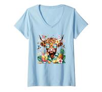 Mujer Gafas de Sol Highland Cow Hawaiian Summer Vacation Camiseta Cuello V