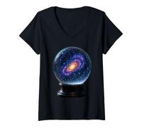 Mujer Galaxia en Globo de Nieve Bola de Cristal Cielo Nocturno Ilustración Arte Camiseta Cuello V