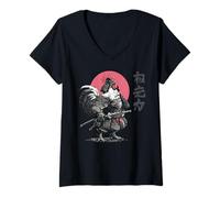 Mujer Gallo Guerrero con Katana Japonesa Rojo Sun Art Camiseta Cuello V