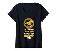 Mujer Galope en la grandeza Año del Caballo 2026 Chino Camiseta Cuello V