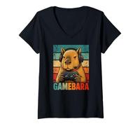 Mujer Gamebara Capibara Gamer Controlador De Juego Retro Divertido Camiseta Cuello V