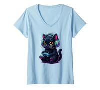 Mujer Gamer Cat Black Cute Kitten Video Games Anime Colorido Aesthetic Camiseta Cuello V