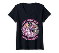 Mujer Gamer Cats Side Quest Distracted Cute Nerd Girl Unicorn RPG Camiseta Cuello V
