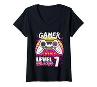 Mujer Gamer Girl Level 7 Unlocked Video Game 7th Birthday Girls Camiseta Cuello V