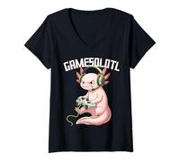 Mujer Gamesolotl Axolotl Gamer Videojuegos Divertido Gaming Kawaii Camiseta Cuello V