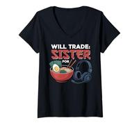 Mujer Gaming cambiará a su Hermana por un Jugador Divertido de Juegos y Ramen Camiseta Cuello V