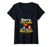 Mujer Gaming Nerd Sorry I'm Late Save Point Videojuego Humor Camiseta Cuello V