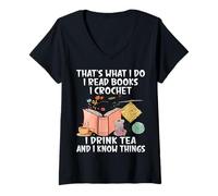 Mujer Ganchillo Libros de Lectura Beber Té Crochet Crochet Camiseta Cuello V
