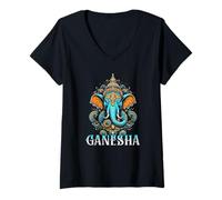 Mujer Ganesha Hindú Elefante Dios Amantes del Yoga Arte Divino Espiritual Camiseta Cuello V