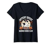 Mujer Ganso Brujo Halloween prohibida Lectura del Club de Lectura Camiseta Cuello V