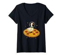 Mujer Ganso divertido volando un espacio astronauta pizza Camiseta Cuello V