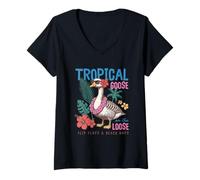 Mujer Ganso tropical en las solapas sueltas siestas de playa Camiseta Cuello V