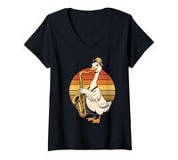 Mujer Ganso Vintage Jugando Saxofón Jazz Saxofón Músico Saxofón Camiseta Cuello V