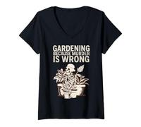 Mujer Gardening Because Murder Is Wrong Spooky Skeleton Halloween Camiseta Cuello V