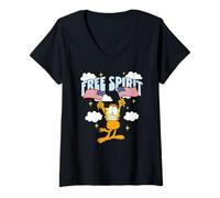 Mujer Garfield 4th of July Free Spirit Garfield Holding 2 US Flags Camiseta Cuello V
