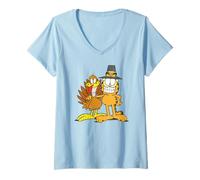 Mujer Garfield Thanksgiving Pilgrim Friends Distressed Group Shot Camiseta Cuello V