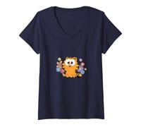 Mujer Garfield Too Cute To Care Chibi Floral Front & Back Camiseta Cuello V