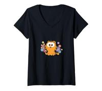 Mujer Garfield Too Cute To Care Floral Chibi Front & Back Camiseta Cuello V