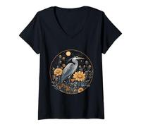 Mujer Garza Azul Flor Silvestre Observación de Aves Floral Camiseta Cuello V