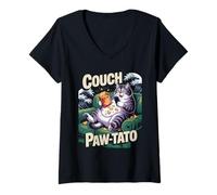 Mujer Gatito de Papas Fritas Pawtato Sofá Lazy Cat Camiseta Cuello V