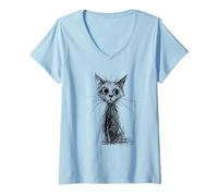 Mujer Gatito Lover Abstracto Garabato Dibujo Arte Lindo Gato Camiseta Cuello V