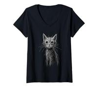 Mujer Gatito Lover Abstracto Garabato Dibujo Arte Lindo Gato Camiseta Cuello V