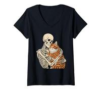 Mujer Gato Abrazando Esqueleto - Gatito Espeluznante Amante de los Gatos de Halloween Camiseta Cuello V