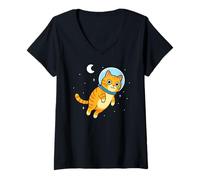 Mujer Gato Amante De Los Animales Astronauta Luna Espacial Mamá Papá Niños Camiseta Cuello V